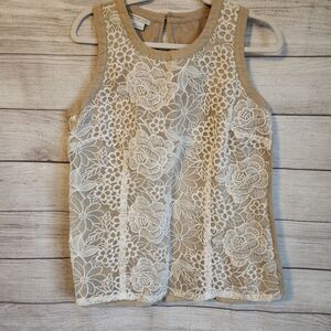 Van Heusen large beige embroidered lace sleeveless cottagecore blouse